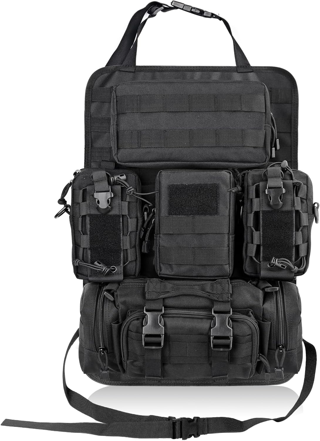 タクティカルカーシートバックオーガナイザー、ユニバーサルカーシートバックカバー、5 つの Molle ポーチ付き、すべての車両に適合 (調節可能なウォーターカップバッグ 2 つ)